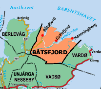 Kart over Varanger-halvøya med Båtsfjord kommune uthevet